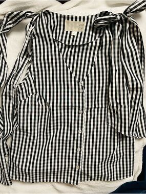 J.O.A. Black and White Gingham Button Front Tie Shoulder Blouse